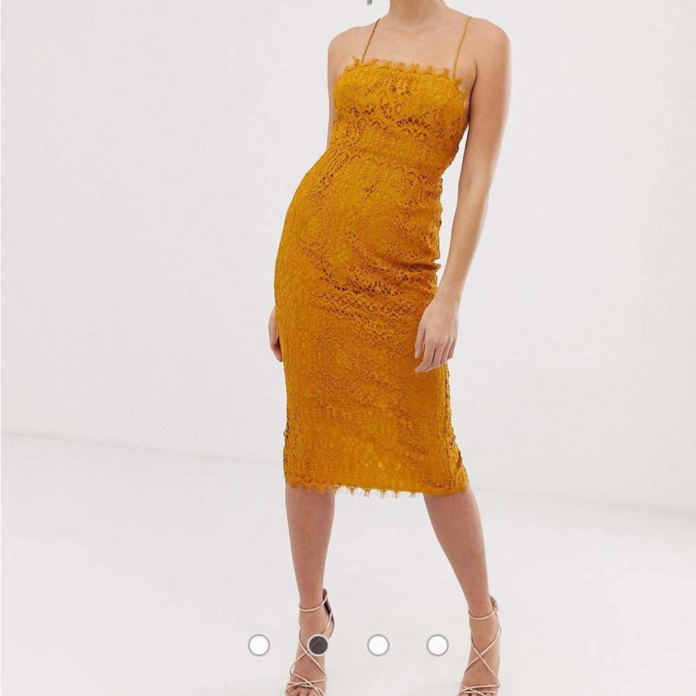 ASOS Mustard Yellow Orange Lace Midi Dress